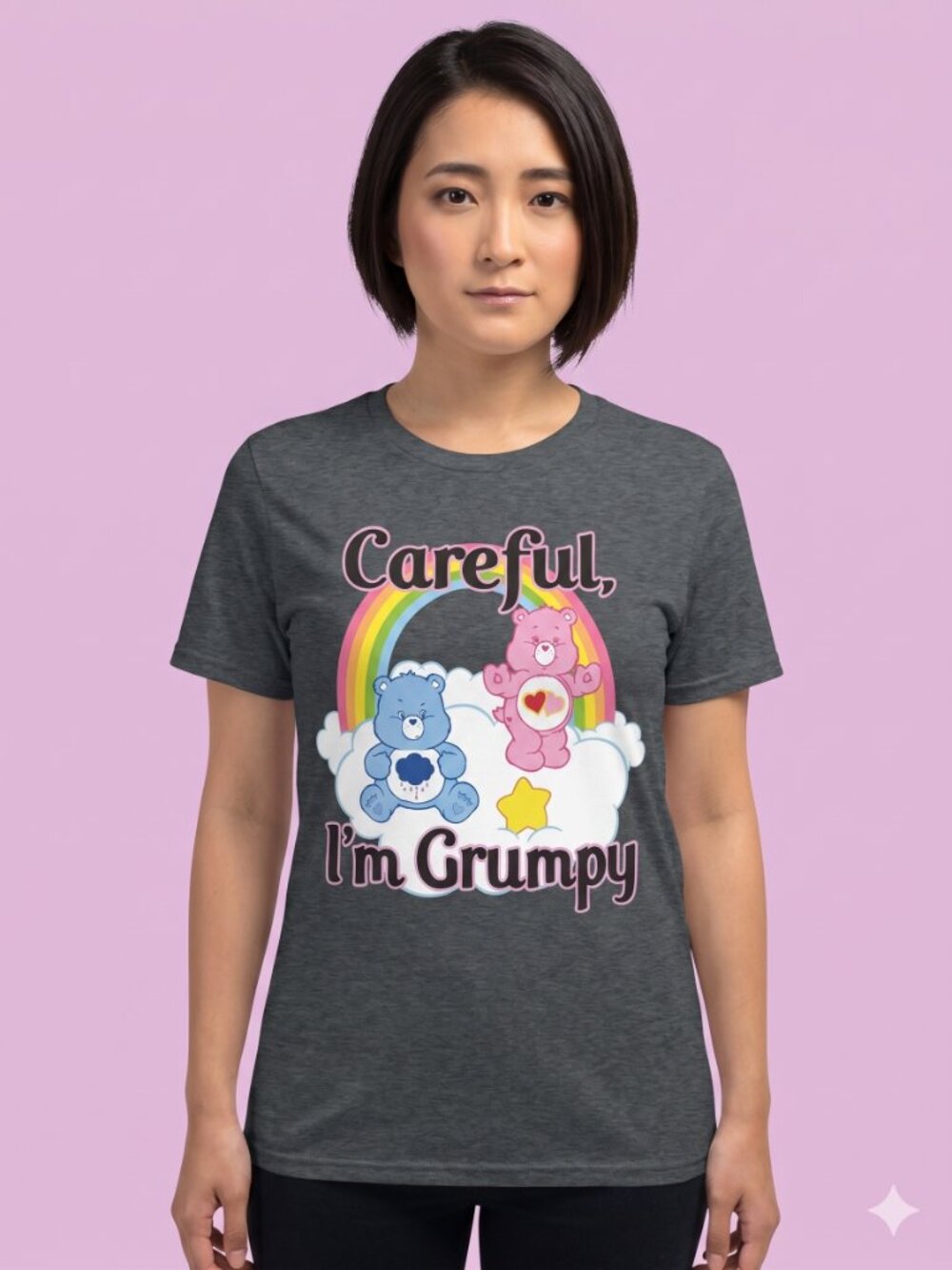 Careful, I'm Grumpy Care Bears Graphic Tee - Charcoal Gray Medium
